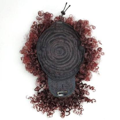 Burgundy Red Afro Puff Drawstring Ponytail with Bangs Wigs