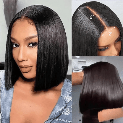Blunt Cut Bob 2x6 Lace Closure Straight Wigs for Women Natural Black 220% Density