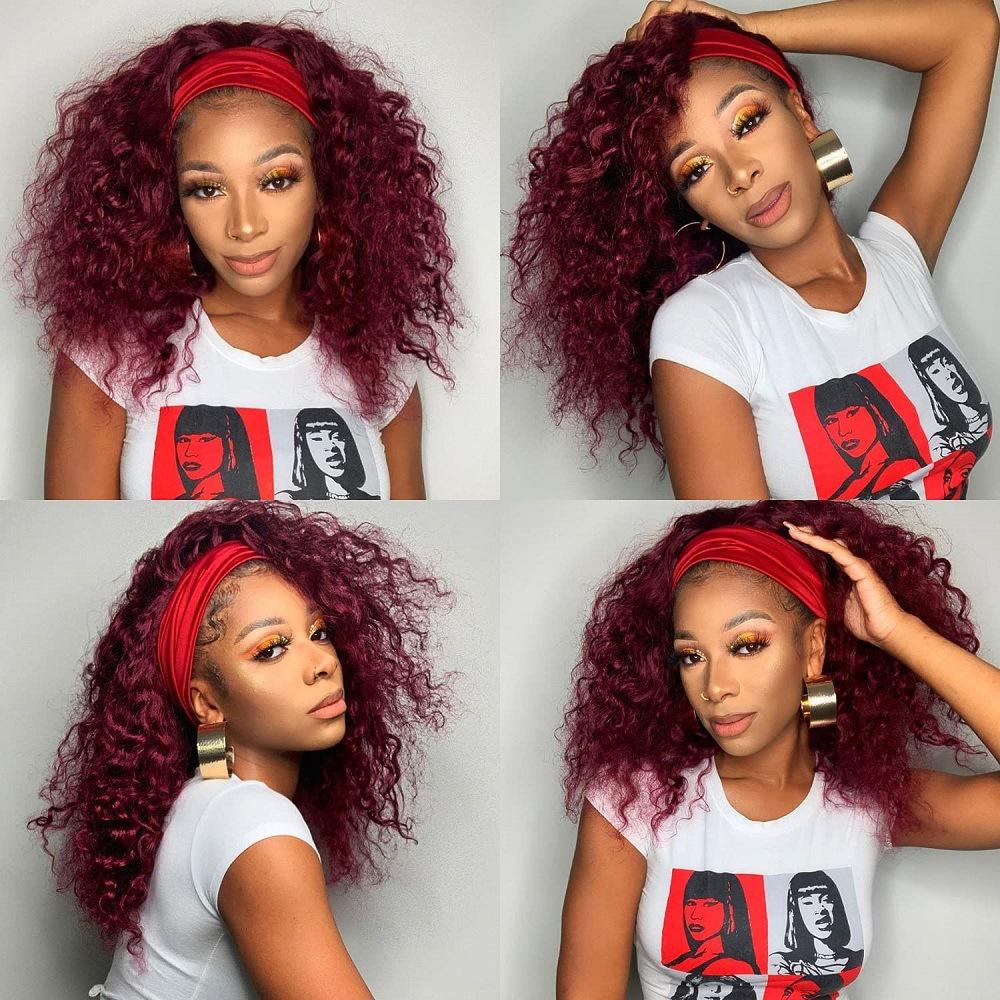 Wine Red Curly Long Hair Headband Glueless Wig