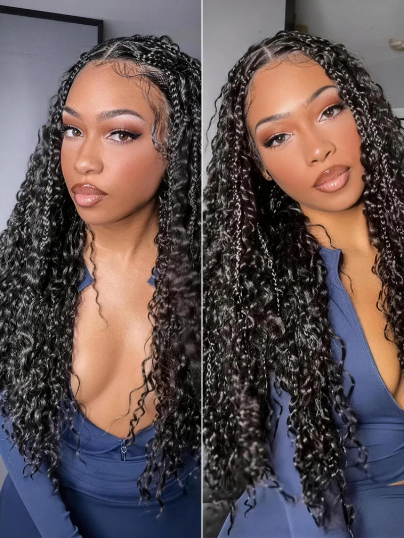 Full Lace Boho Braids Synthetic Box Braid Wig – Grid-Part Top with Mixed Boho Curls