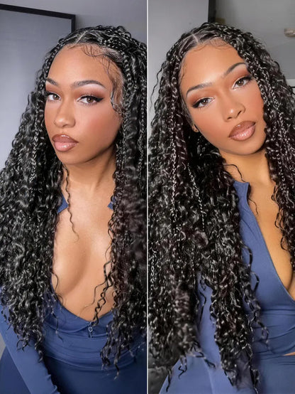 Full Lace Boho Braids Synthetic Box Braid Wig – Grid-Part Top with Mixed Boho Curls