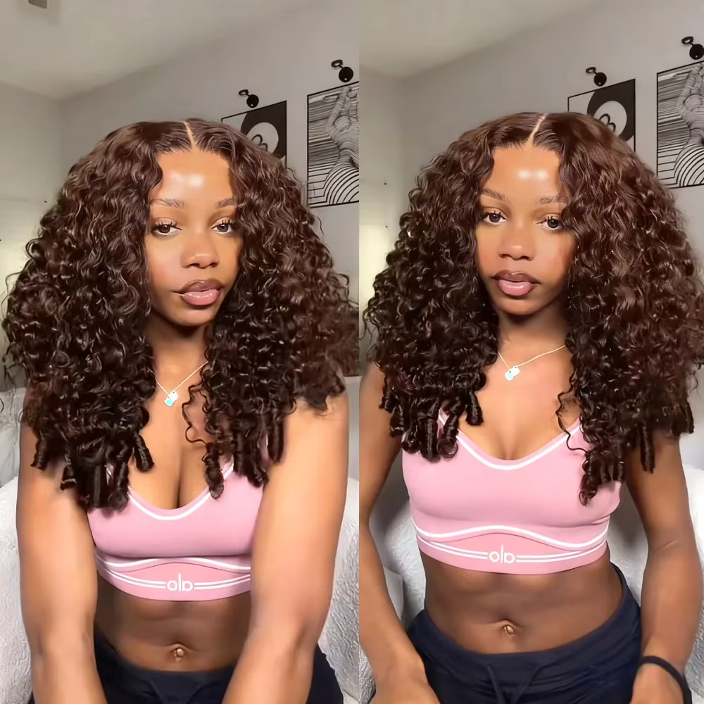 [Glueless Wig]  Burmese Curly Chocolate Brown Color Pre-Cut 5X5/4x4 Lace Wear Go Wig