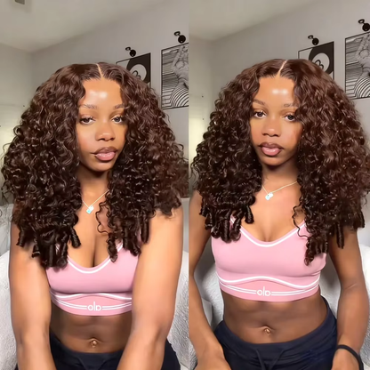 [Glueless Wig]  Burmese Curly Chocolate Brown Color Pre-Cut 5X5/4x4 Lace Wear Go Wig
