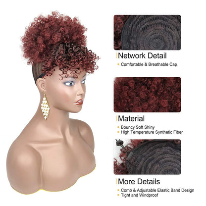 Burgundy Red Afro Puff Drawstring Ponytail with Bangs Wigs