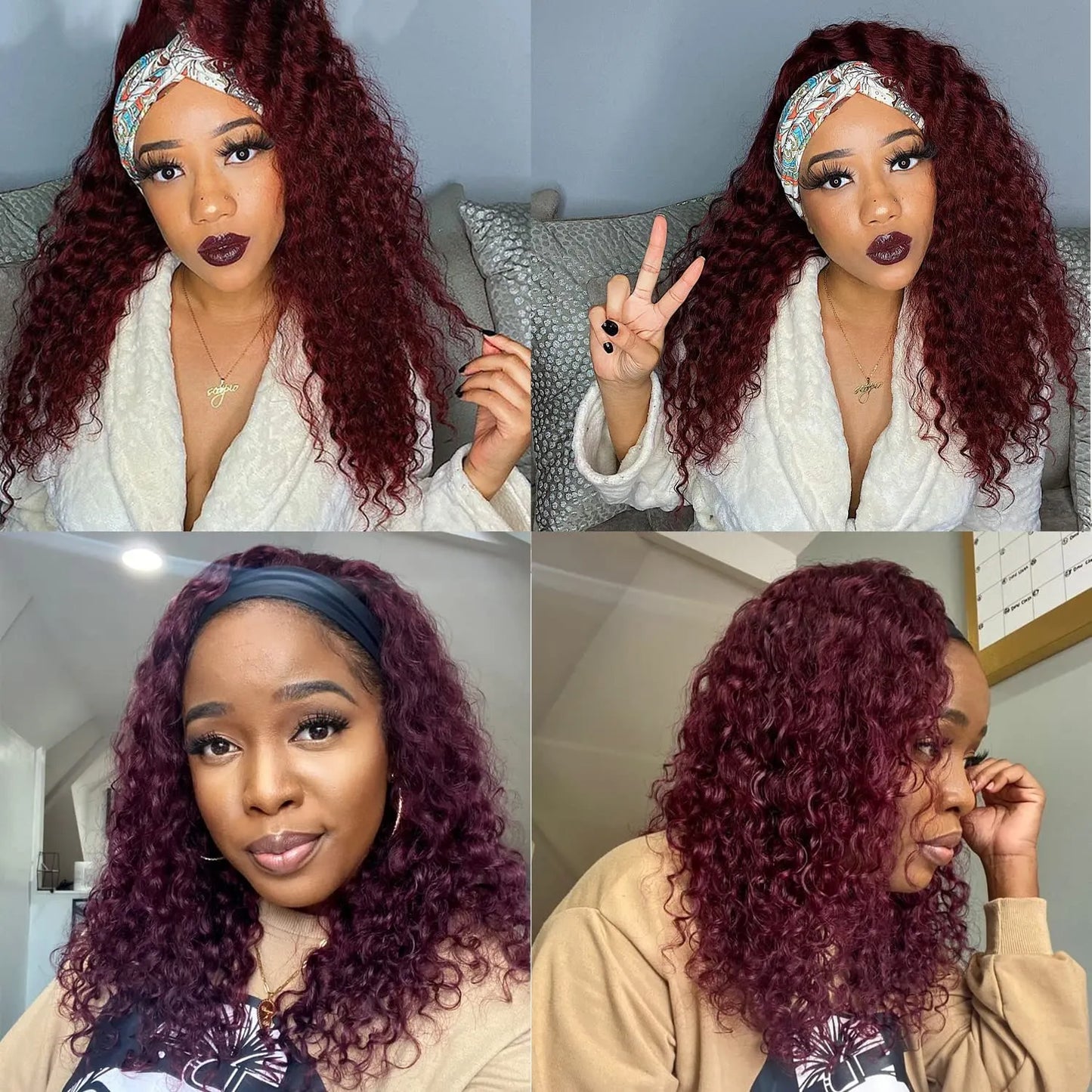 Wine Red Curly Long Hair Headband Glueless Wig