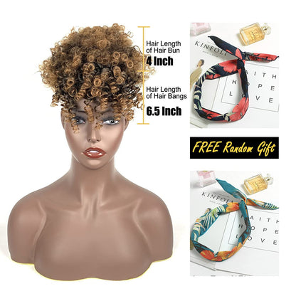 Light Brown Afro Puff Drawstring Ponytail with Bangs Wigs