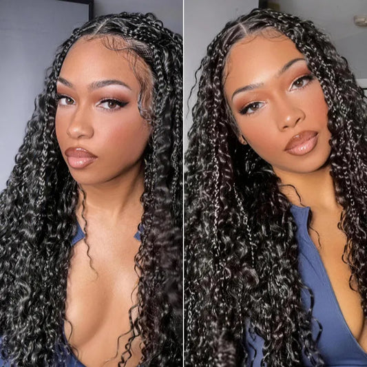 Full Lace Boho Braids Synthetic Box Braid Wig – Grid-Part Top with Mixed Boho Curls