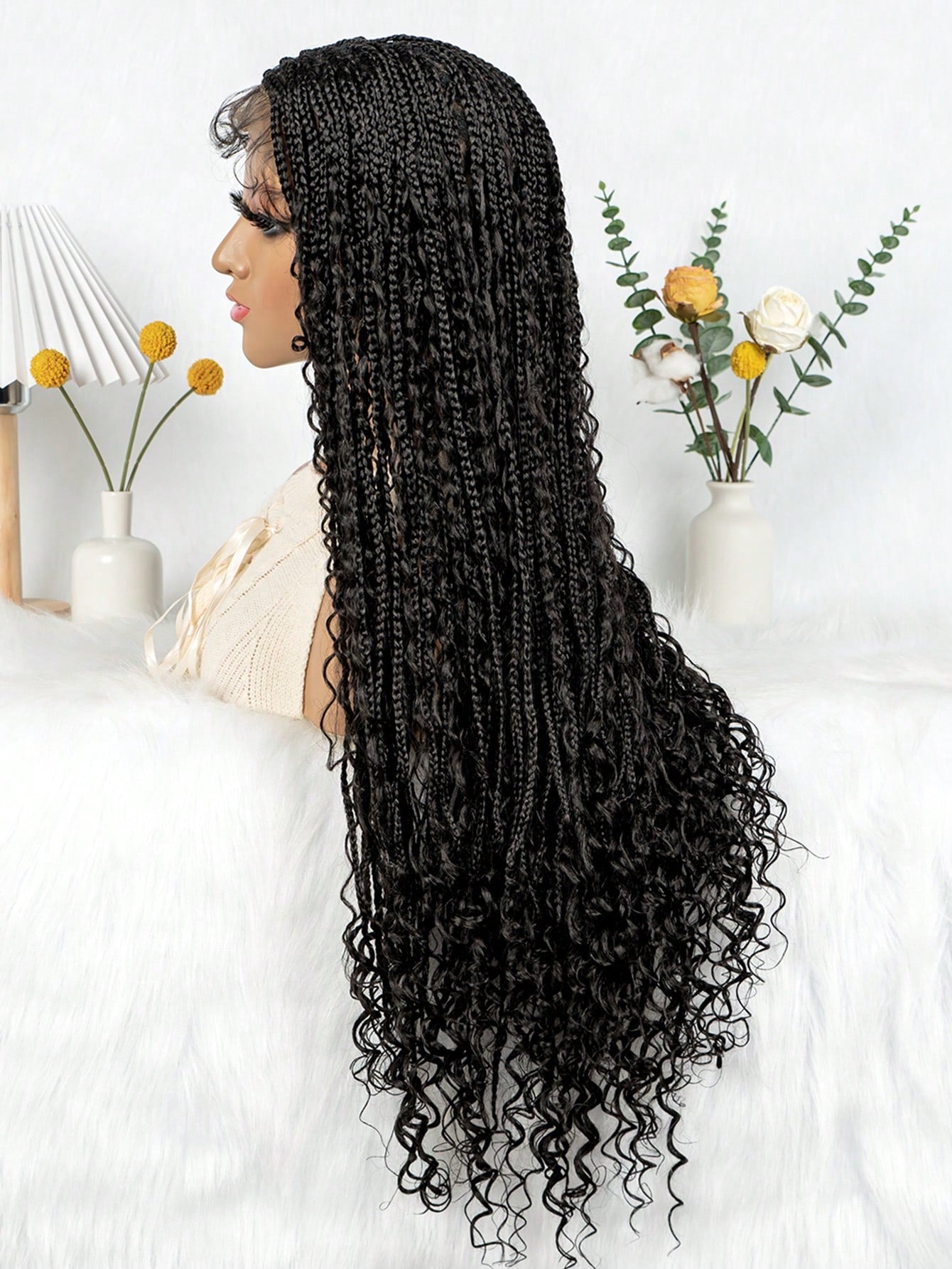 BohoFull Lace Braided Wig, Long Wavy Crochet Braids Wig With Baby Hair, Handmade No-Knot Woven Braid Wave Headband Hair Extension