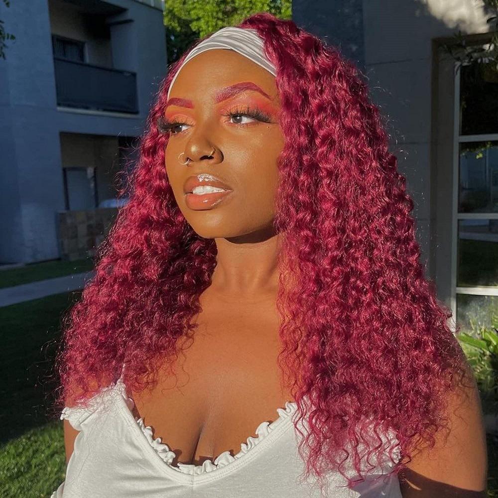 Wine Red Curly Long Hair Headband Glueless Wig