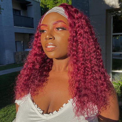 Wine Red Curly Long Hair Headband Glueless Wig