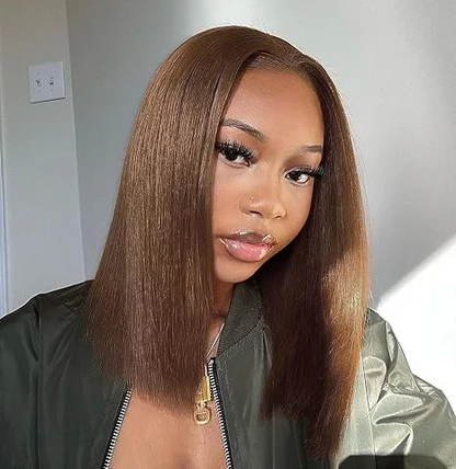 Blunt Cut Short Bob Wigs #4 Brown Colored 13x4 Lace Front Straight Wigs 220% Density