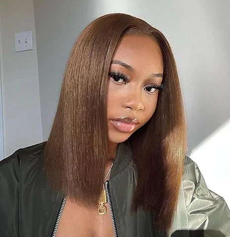 Blunt Cut Short Bob Wigs #4 Brown Colored 13x4 Lace Front Straight Wigs 220% Density