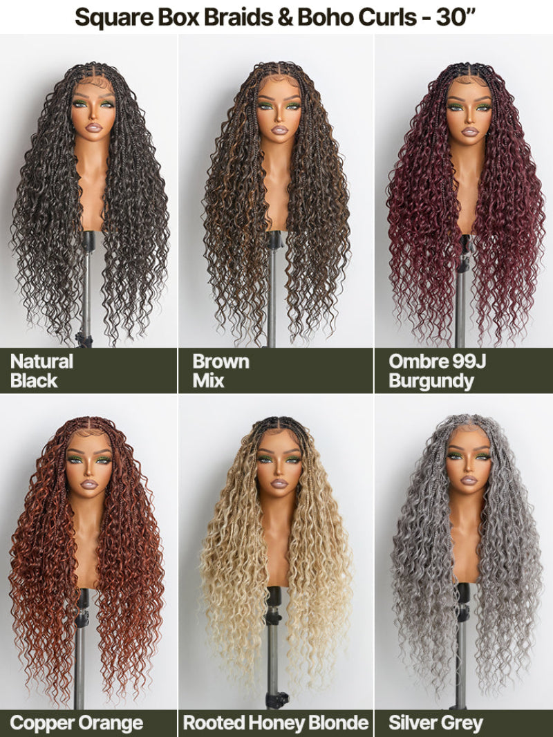 Full Lace Boho Braids Synthetic Box Braid Wig – Grid-Part Top with Mixed Boho Curls