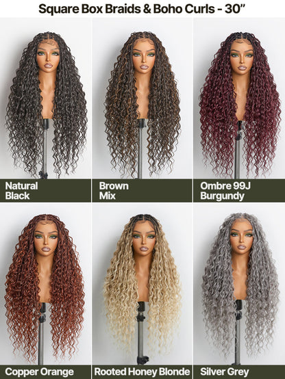 Full Lace Boho Braids Synthetic Box Braid Wig – Grid-Part Top with Mixed Boho Curls