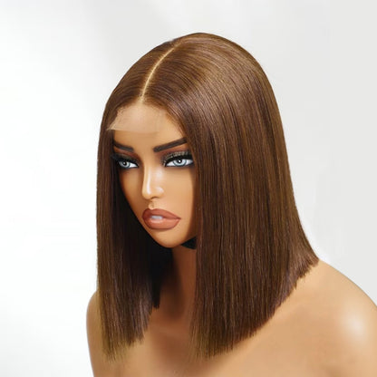 #4 Brown Blunt Cut Bone Straight Bob Wig 2x6/13x4 Inch Deep Part Realistic Lace Vietnam Hair 220% Density