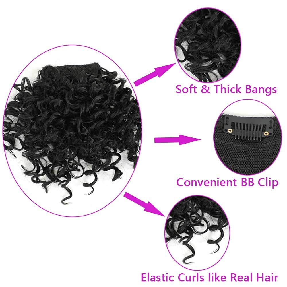 Kinky Curly Bangs Clip Natural Color Drawstring Ponytail