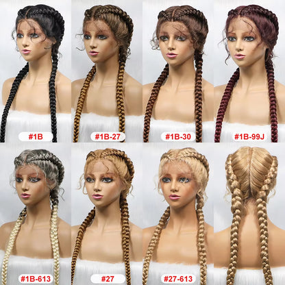 36 Inches Long Lace Front Braided Wigs Dutch Twins Braids Wig With Baby Hair
