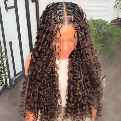 Glueless Pull Go Drawstring 13x6 HD Lace Frontal Colored Boho Braided Water Wave Wigs