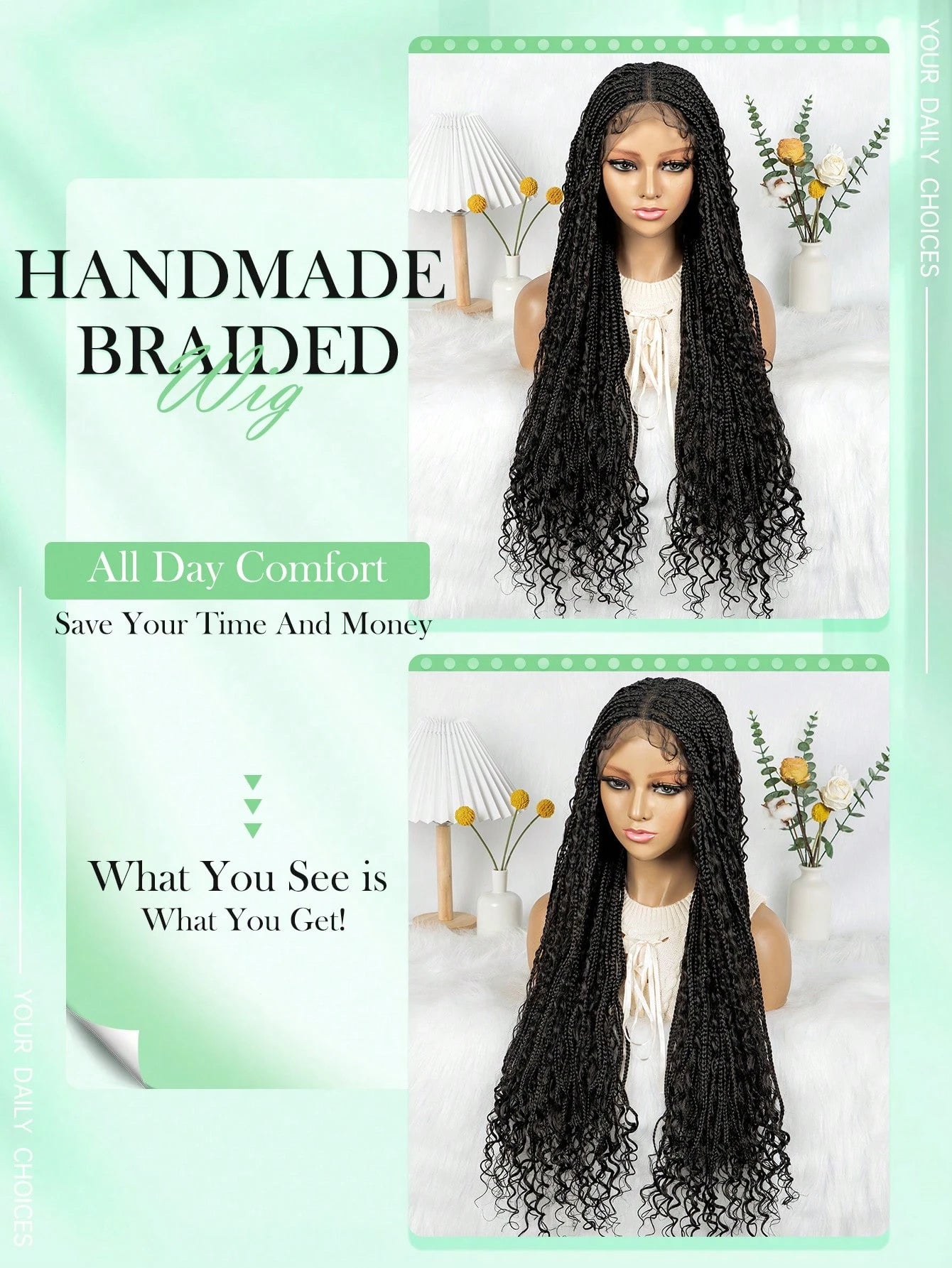 BohoFull Lace Braided Wig, Long Wavy Crochet Braids Wig With Baby Hair, Handmade No-Knot Woven Braid Wave Headband Hair Extension