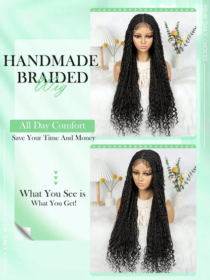 BohoFull Lace Braided Wig, Long Wavy Crochet Braids Wig With Baby Hair, Handmade No-Knot Woven Braid Wave Headband Hair Extension