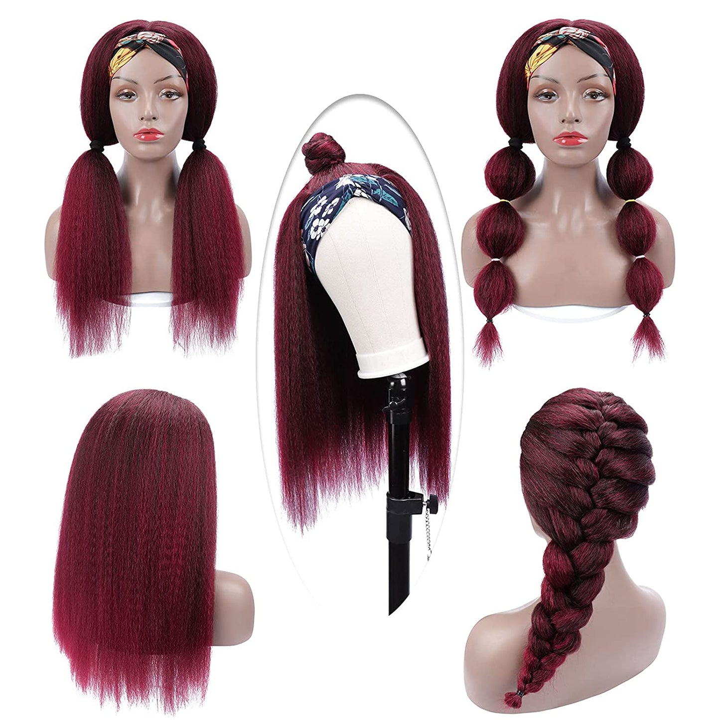 Wine Red Kinky Straight Long Hair Headband Glueless Wig