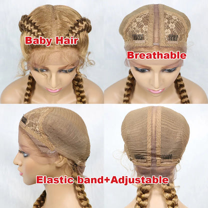 36 Inches Long Lace Front Braided Wigs Dutch Twins Braids Wig With Baby Hair