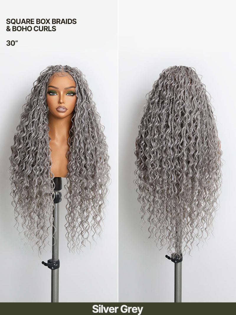 Full Lace Boho Braids Synthetic Box Braid Wig – Grid-Part Top with Mixed Boho Curls