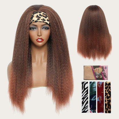 T30# Black Gradient Dark Brown Kinky Straight Long Hair Headband Glueless Wig