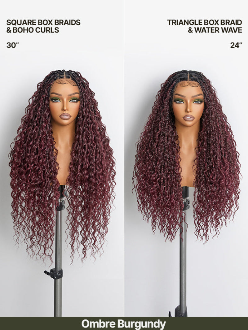 Full Lace Boho Braids Synthetic Box Braid Wig – Grid-Part Top with Mixed Boho Curls