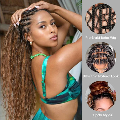 Knotless Boho Braids HD 13x6 Lace Frontal Wig Flexi Fit Drawstring Cap Water Wave Glueless Braided Wigs