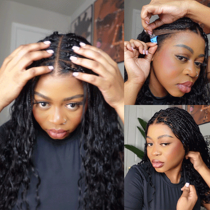 Knotless Boho Braids HD 13x6 Lace Frontal Wig Flexi Fit Drawstring Cap Water Wave Glueless Braided Wigs