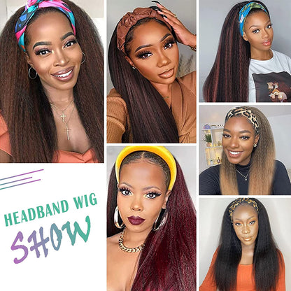 Brown Kinky Straight Long Hair Headband Glueless Wig