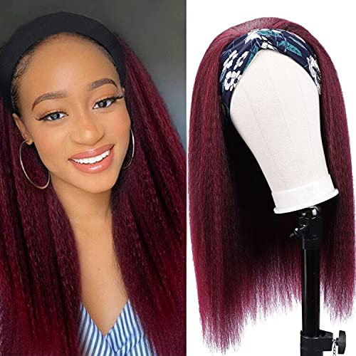Wine Red Kinky Straight Long Hair Headband Glueless Wig