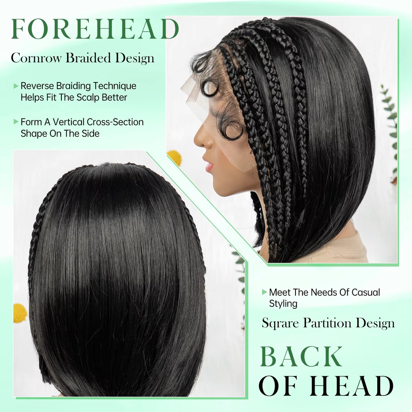 12inch Cornrow Braided Bob Wigs 13x4 Transparent Lace Frontal Short Natural Straight Wigs with Braids