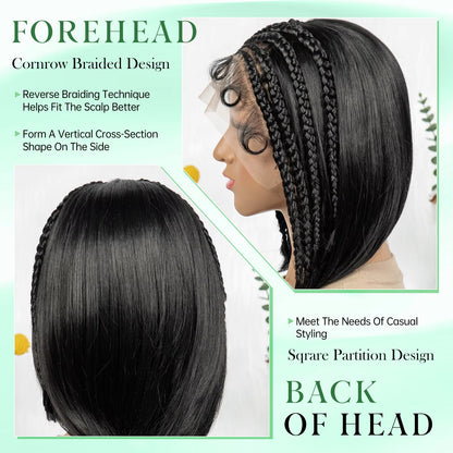 12inch Cornrow Braided Bob Wigs 13x4 Transparent Lace Frontal Short Natural Straight Wigs with Braids