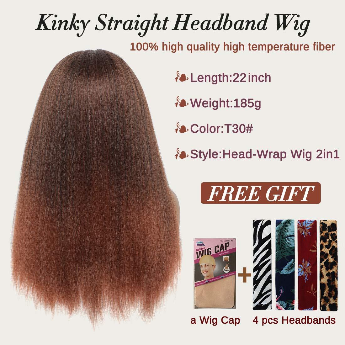 T30# Black Gradient Dark Brown Kinky Straight Long Hair Headband Glueless Wig