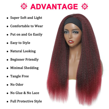 T1B/Bug Black Gradient Wine Red Kinky Straight Long Hair Headband Glueless Wig