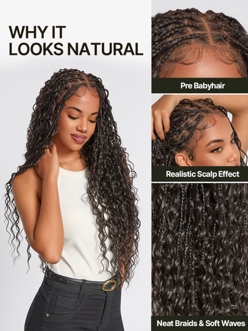 Full Lace Boho Braids Synthetic Box Braid Wig – Grid-Part Top with Mixed Boho Curls