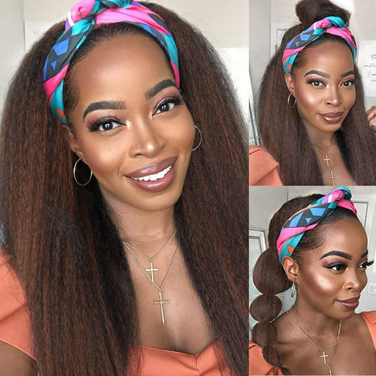 Brown Kinky Straight Long Hair Headband Glueless Wig