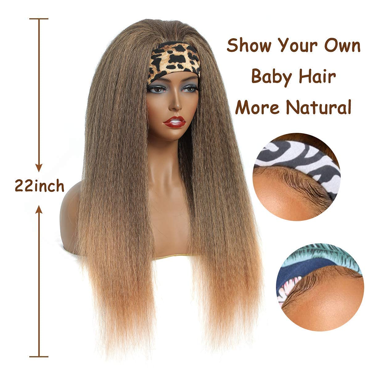 T27#  Kinky Straight Long Hair Headband Glueless Wig