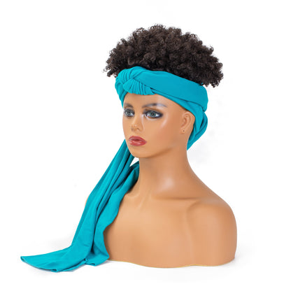 Hot Sexy Kinky Black Curly Wig with Long Water Blue Headband