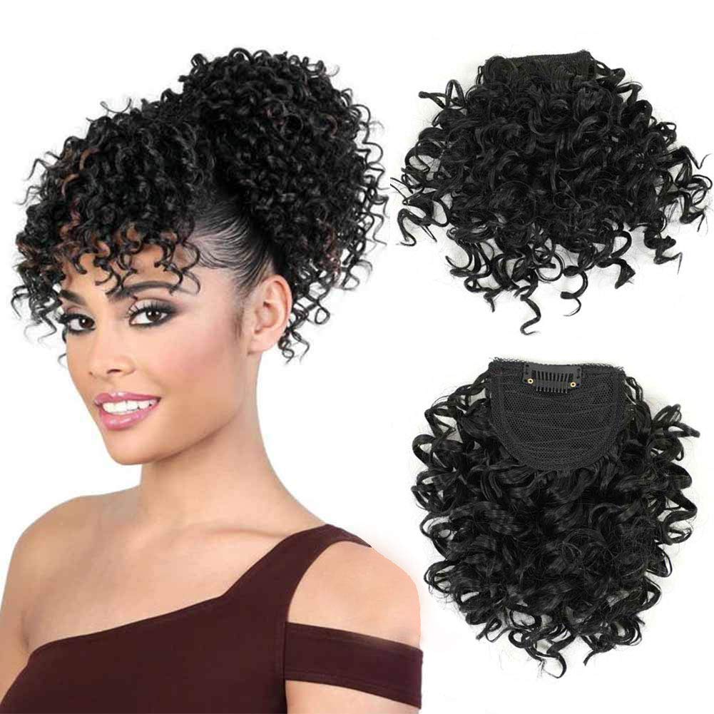 Kinky Curly Bangs Clip Natural Color Drawstring Ponytail