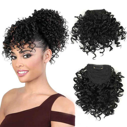 Kinky Curly Bangs Clip Natural Color Drawstring Ponytail