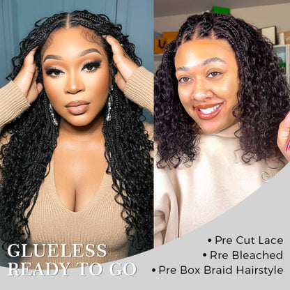 Knotless Boho Braided Curly Wigs Drawstring Full Frontal HD Lace Braided Glueless Wigs