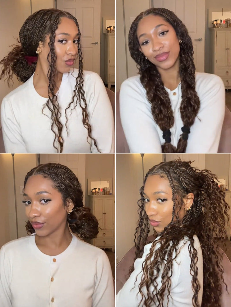 Full Lace Boho Braids Synthetic Box Braid Wig – Grid-Part Top with Mixed Boho Curls