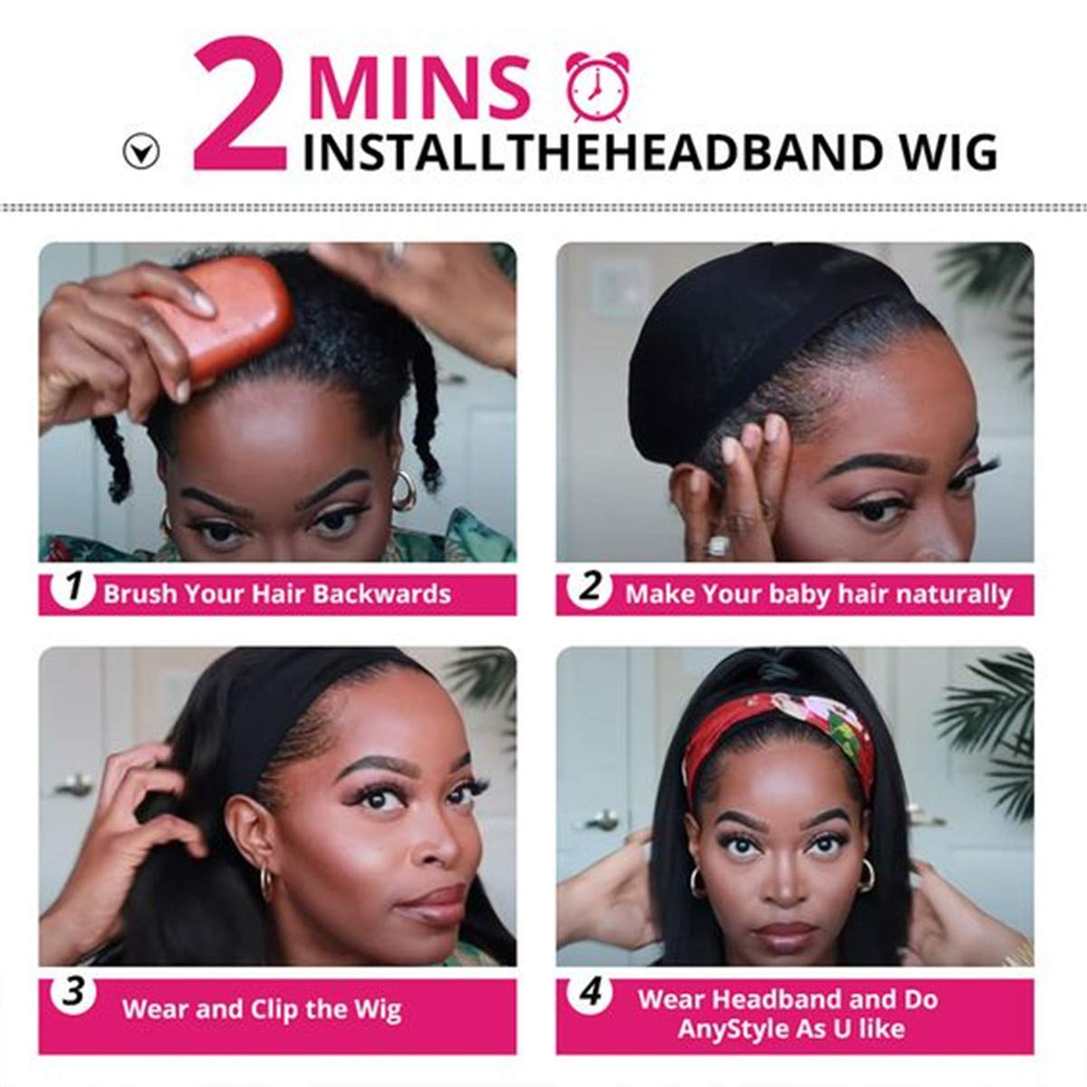 T27#  Kinky Straight Long Hair Headband Glueless Wig