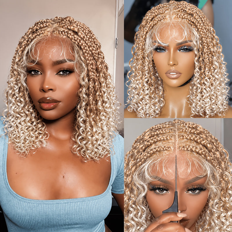 Glueless Full Lace Curly Wave Braided Wigs Honey Blonde Color Boho Braided Wigs Put on And Go Wig
