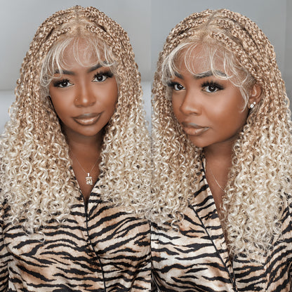Glueless Full Lace Curly Wave Braided Wigs Honey Blonde Color Boho Braided Wigs Put on And Go Wig