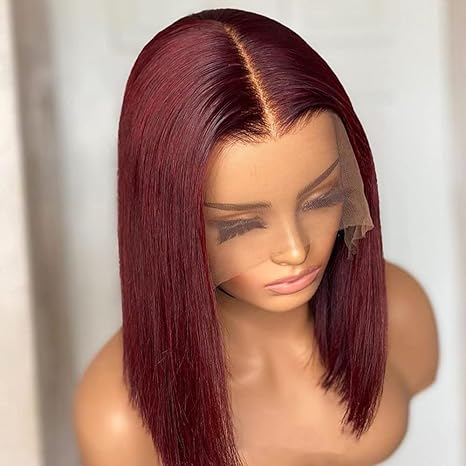 Blunt Cut Bob Wig #99J Red Colored Straight Short Bob 13x4 Lace Front Wigs 220% Density