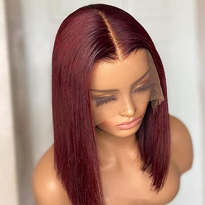 Blunt Cut Bob Wig #99J Red Colored Straight Short Bob 13x4 Lace Front Wigs 220% Density